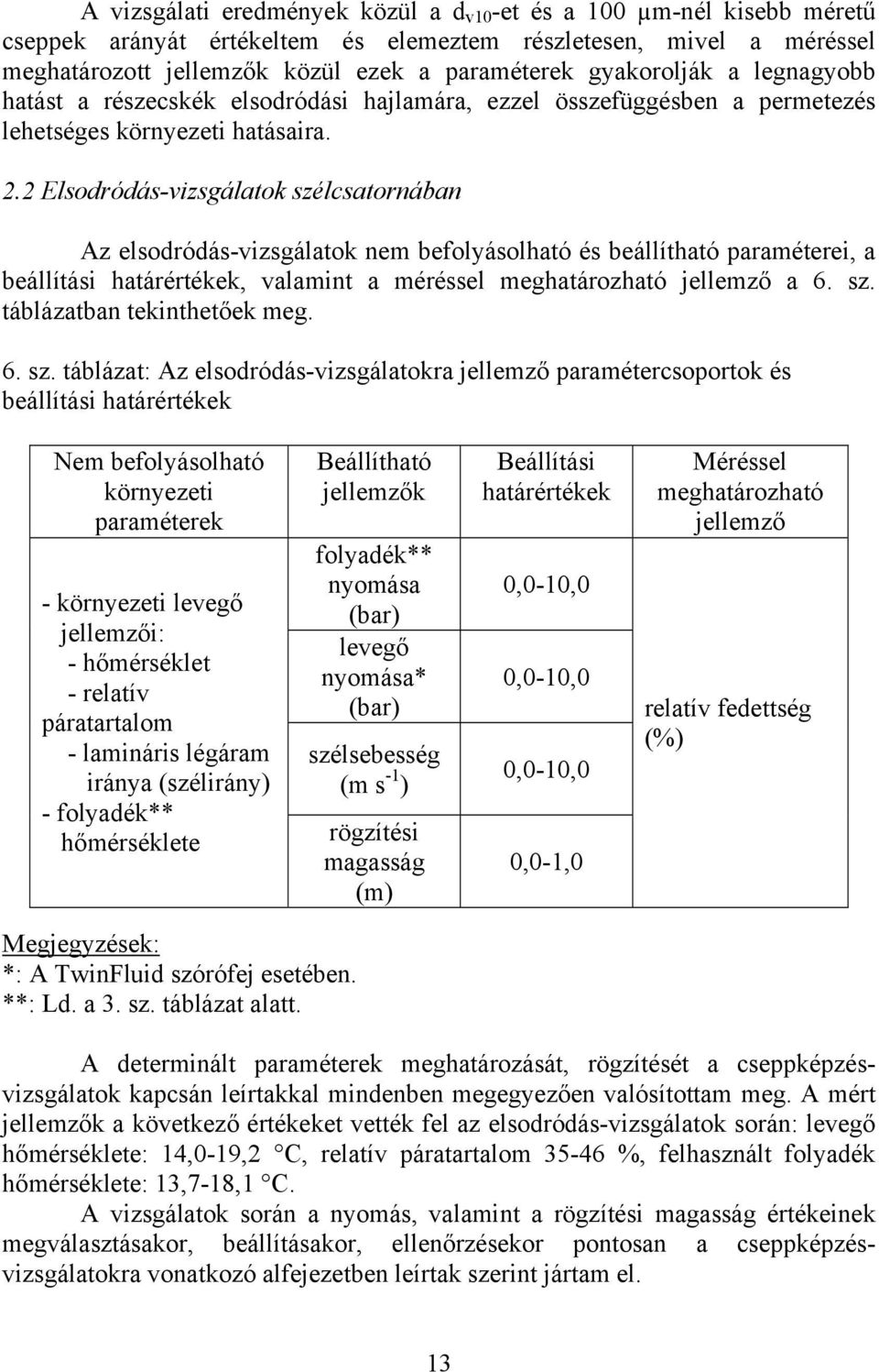 2 Elsodródás-vizsgálatok szélcsatornában Az elsodródás-vizsgálatok nem befolyásolható és beállítható paraméterei, a beállítási határértékek, valamint a méréssel meghatározható jellemző a 6. sz. táblázatban tekinthetőek meg.