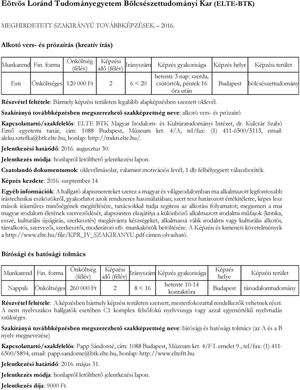 Részvétel feltétele: Bármely képzési területen legalább alapképzésben szerzett oklevél.