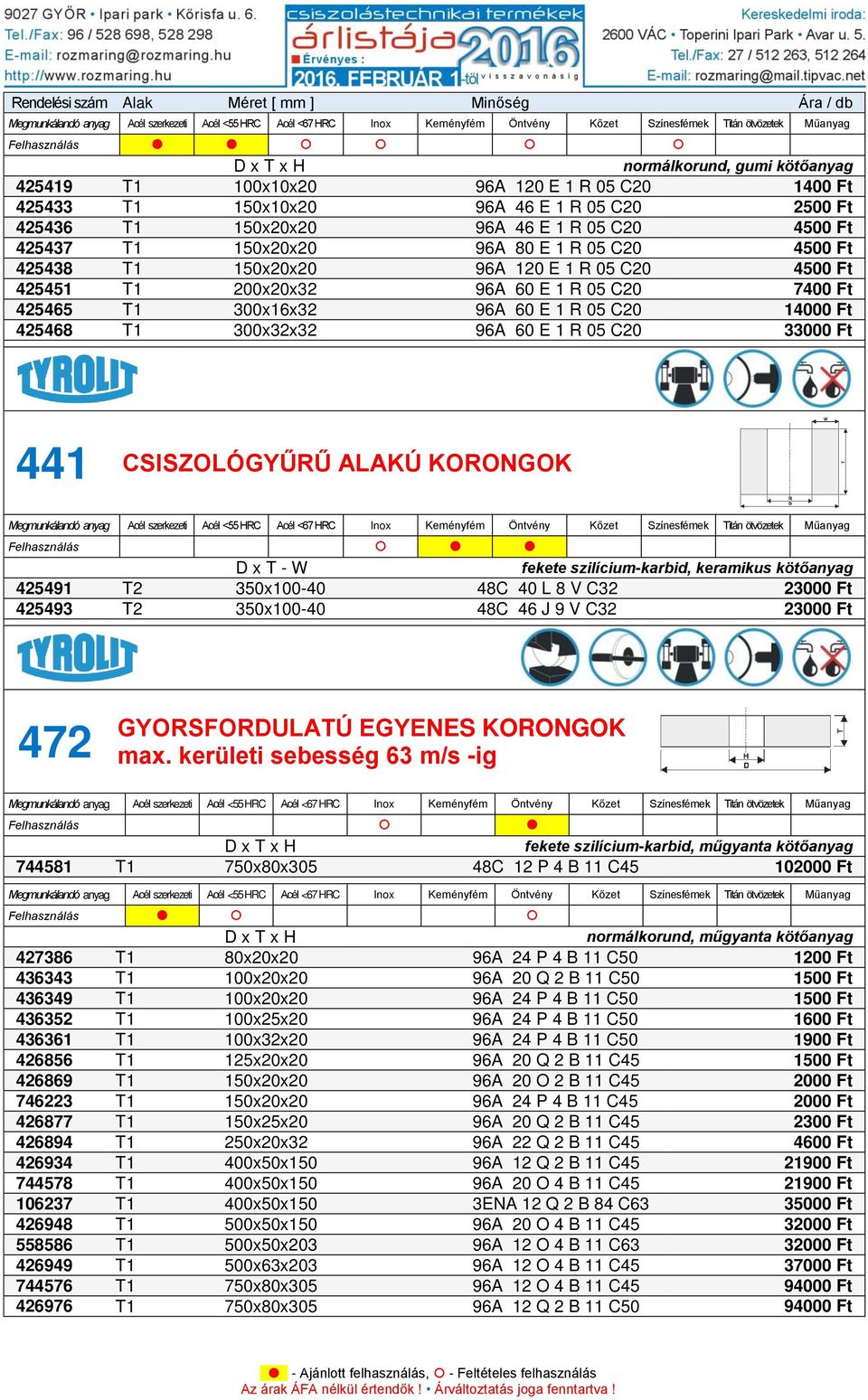 300x32x32 96A 60 E 1 R 05 C20 33000 Ft 441 CSISZOLÓGYŰRŰ ALAKÚ KORONGOK Felhasználás D x T - W fekete szilícium-karbid, keramikus kötőanyag 425491 T2 350x100-40 48C 40 L 8 V C32 23000 Ft 425493 T2