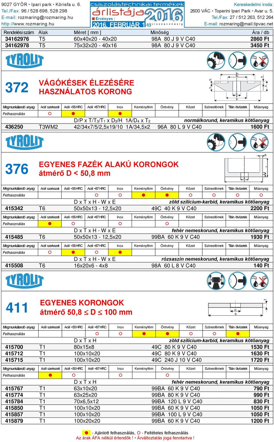 50x50x13-12,5x20 49C 40 K 9 V C40 2200 Ft Felhasználás - W x E 415485 T6 50x50x13-12,5x20 99BA 60 K 9 V C40 1930 Ft - W x E 415508 T6 16x20x6-4x8 98A 60 L 8 V C40 140 Ft 411 átmérő 50,8 D 100 mm