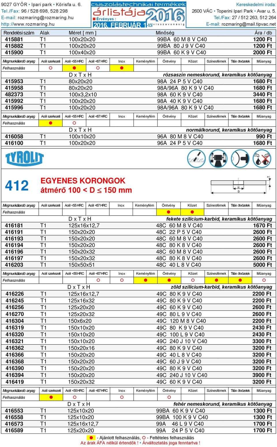 normálkorund, keramikus kötőanyag 416058 T1 100x10x20 96A 80 M 8 V C40 990 Ft 416100 T1 100x20x20 96A 24 P 5 V C40 1680 Ft 412 átmérő 100 < D 150 mm Felhasználás fekete szilícium-karbid, keramikus