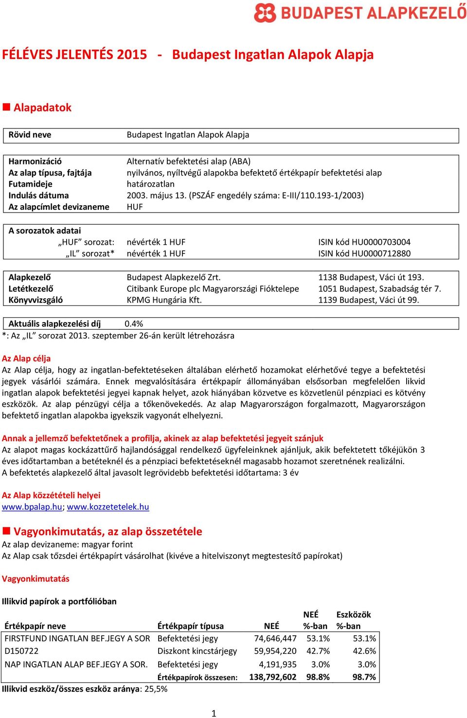 193-1/2003) HUF A sorozatok adatai HUF sorozat: névérték 1 HUF ISIN kód HU0000703004 IL sorozat* névérték 1 HUF ISIN kód HU0000712880 Alapkezelő Budapest Alapkezelő Zrt. 1138 Budapest, Váci út 193.