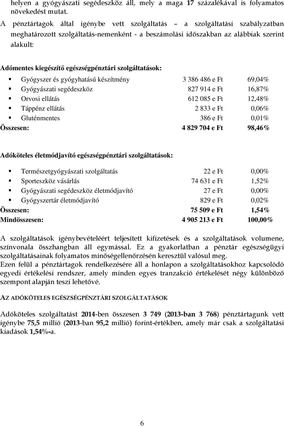 egészségpénztári szolgáltatások: Gyógyszer és gyógyhatású készítmény 3 386 486 e Ft 69,04% Gyógyászati segédeszköz 827 914 e Ft 16,87% Orvosi ellátás 612 085 e Ft 12,48% Táppénz ellátás 2 833 e Ft