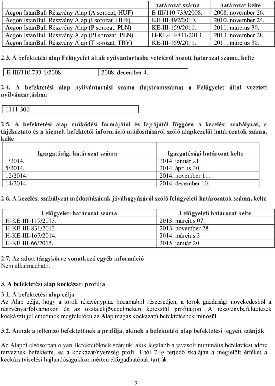 Aegon IstanBull Részvény Alap (T sorozat, TRY) KE-III-159/2011. 2011. március 30. 2.3. A befektetési alap Felügyelet általi nyilvántartásba vételéről hozott határozat száma, kelte E-III/110.