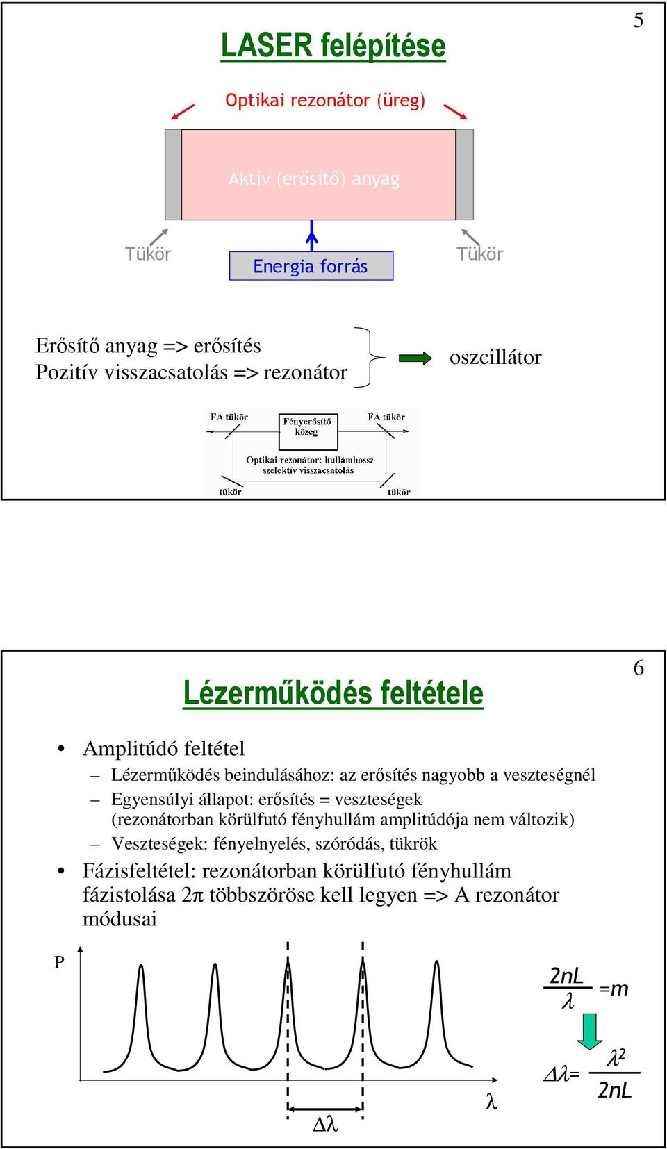 veszteségnél Egyensúlyi állapot: erősítés = veszteségek (rezonátorban körülfutó fényhullám amplitúdója nem változik) Veszteségek: