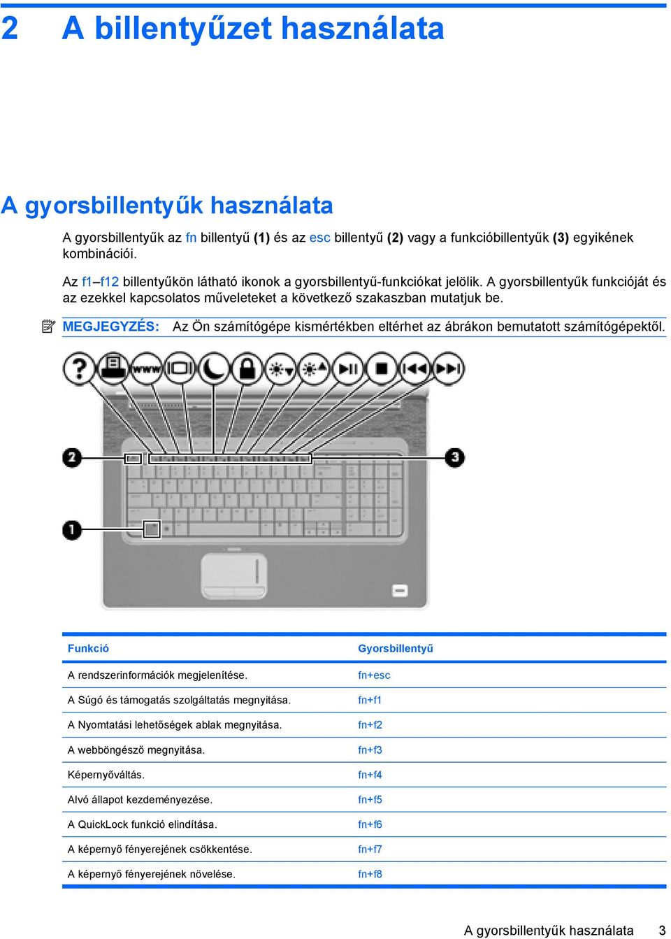 MEGJEGYZÉS: Az Ön számítógépe kismértékben eltérhet az ábrákon bemutatott számítógépektől. Funkció Gyorsbillentyű A rendszerinformációk megjelenítése. A Súgó és támogatás szolgáltatás megnyitása.