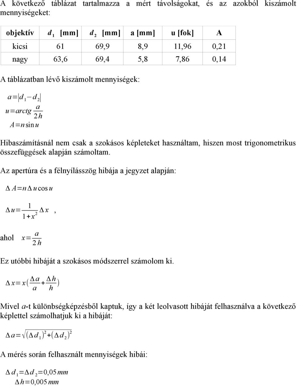 Az apertúra és a félnyílásszög hibája a jegyzet alapján: Δ A=n Δ u cos u Δ u= 1 1+x 2 Δ x, ahol x= a 2 h Ez utóbbi hibáját a szokásos módszerrel számolom ki.