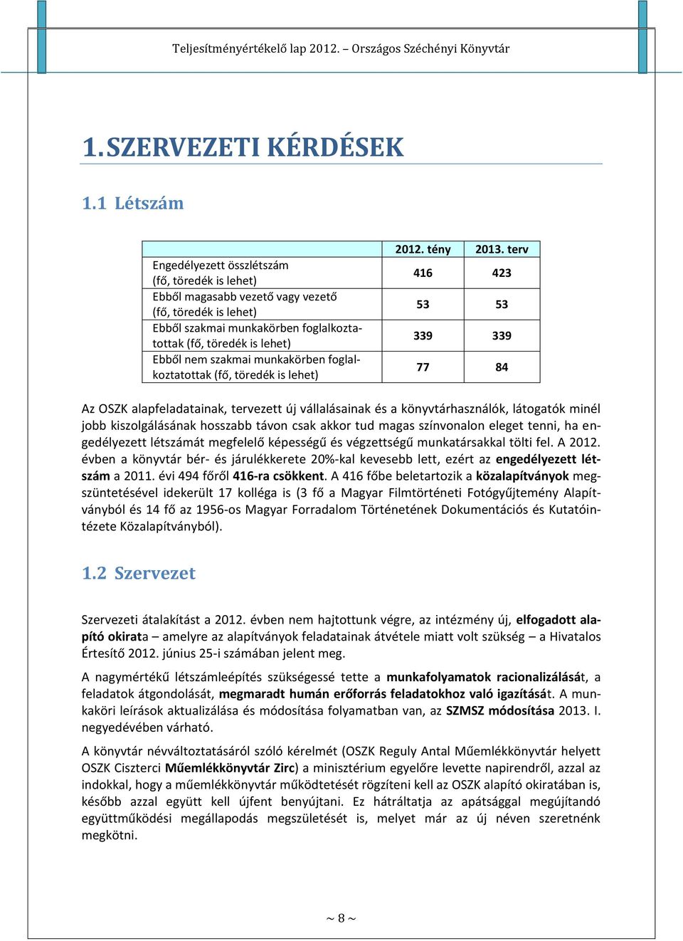 szakmai munkakörben foglalkoztatottak (fő, töredék is lehet) 2012. tény 2013.