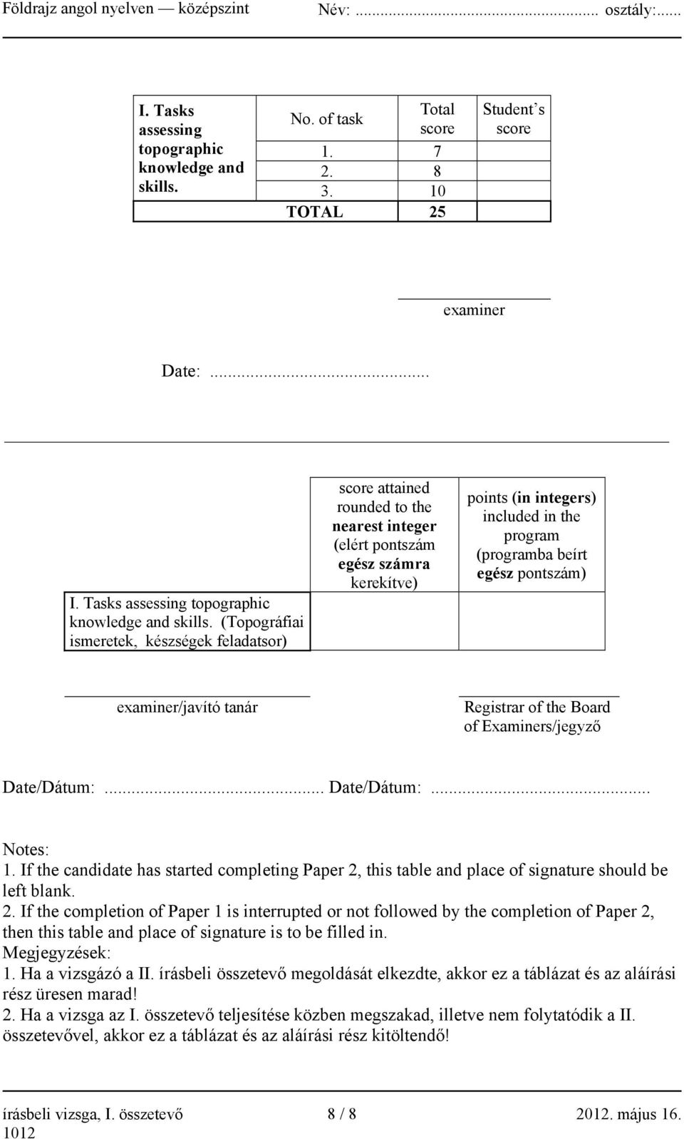 ..  (Topográfiai ismeretek, készségek feladatsor) score attained rounded to the nearest integer (elért pontszám egész számra kerekítve) points (in integers) included in the program (programba beírt