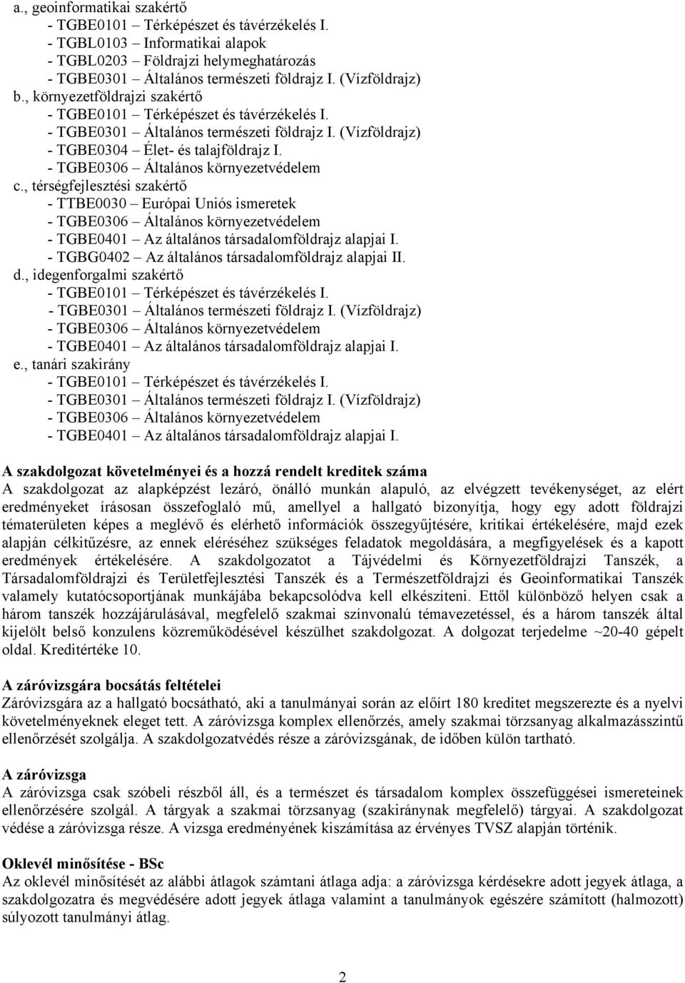 - TGBE0306 Általános környezetvédelem c., térségfejlesztési szakértő - TTBE0030 Európai Uniós ismeretek - TGBE0306 Általános környezetvédelem - TGBE0401 Az általános társadalomföldrajz alapjai I.