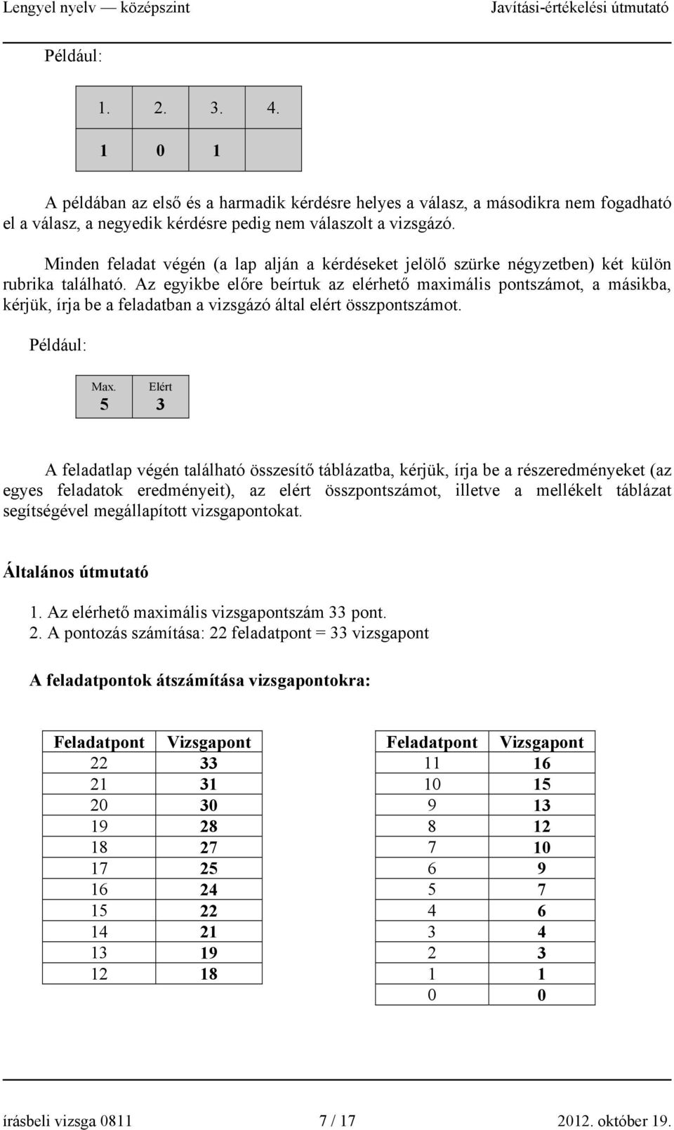 Az egyikbe előre beírtuk az elérhető maximális pontszámot, a másikba, kérjük, írja be a feladatban a vizsgázó által elért összpontszámot. Például: Max.