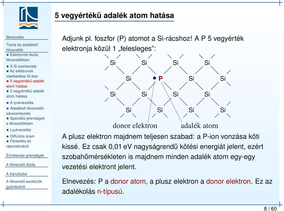 A P 5 vegyérték elektronja közül 1 felesleges : Si Si Si Si Si P Si Si Si Si Si Si Si Si Si Si donor elektron adalék atom A plusz elektron majdnem teljesen szabad: a P-ion vonzása köti