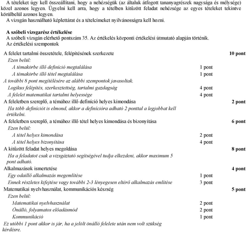 A szóbeli vizsgarész értékelése A szóbeli vizsgán elérhető pontszám 35. Az értékelés központi értékelési útmutató alapján történik.