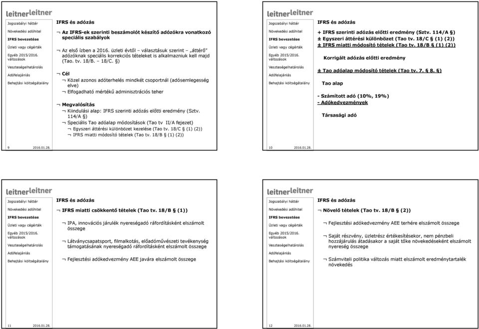 ) Cél Közel azonos adóterhelés mindkét csoportnál (adósemlegesség elve) Elfogadható mértékű adminisztrációs teher Megvalósítás Kiindulási alap: IFRS szerinti adózás előtti eredmény (Sztv.