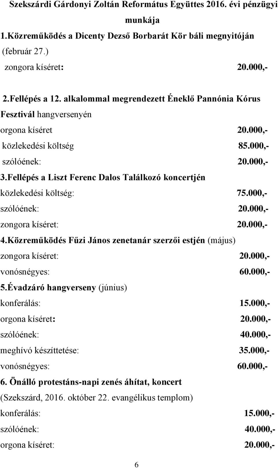 Fellépés a Liszt Ferenc Dalos Találkozó koncertjén közlekedési költség: 75.000,- szólóének: 20.000,- zongora kíséret: 20.000,- 4.