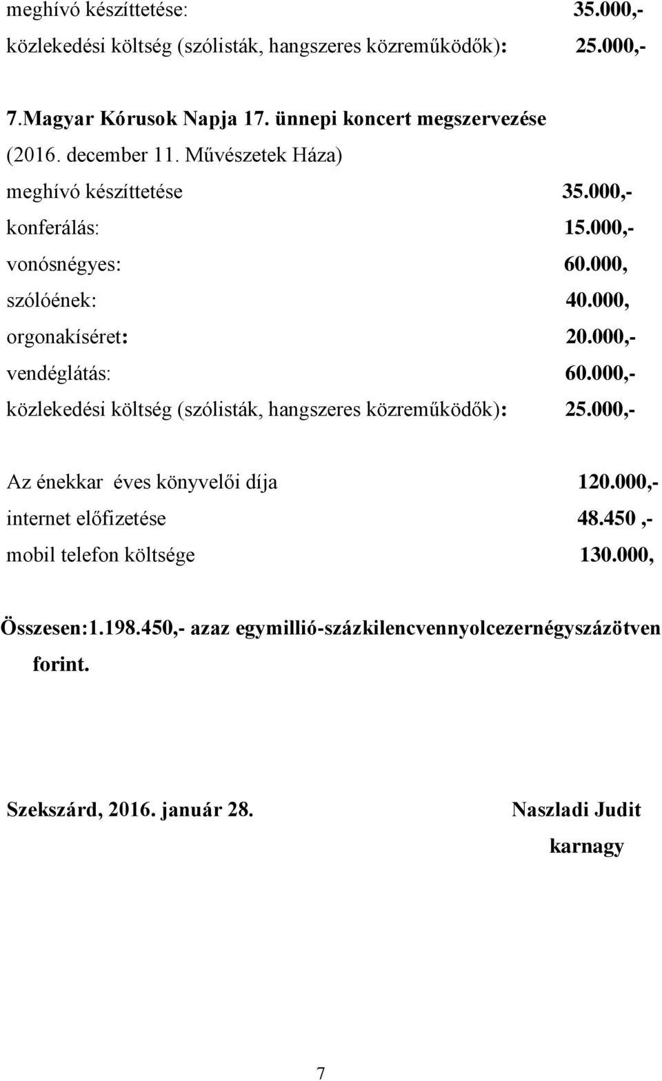 000, orgonakíséret: 20.000,- vendéglátás: 60.000,- közlekedési költség (szólisták, hangszeres közreműködők): 25.000,- Az énekkar éves könyvelői díja 120.