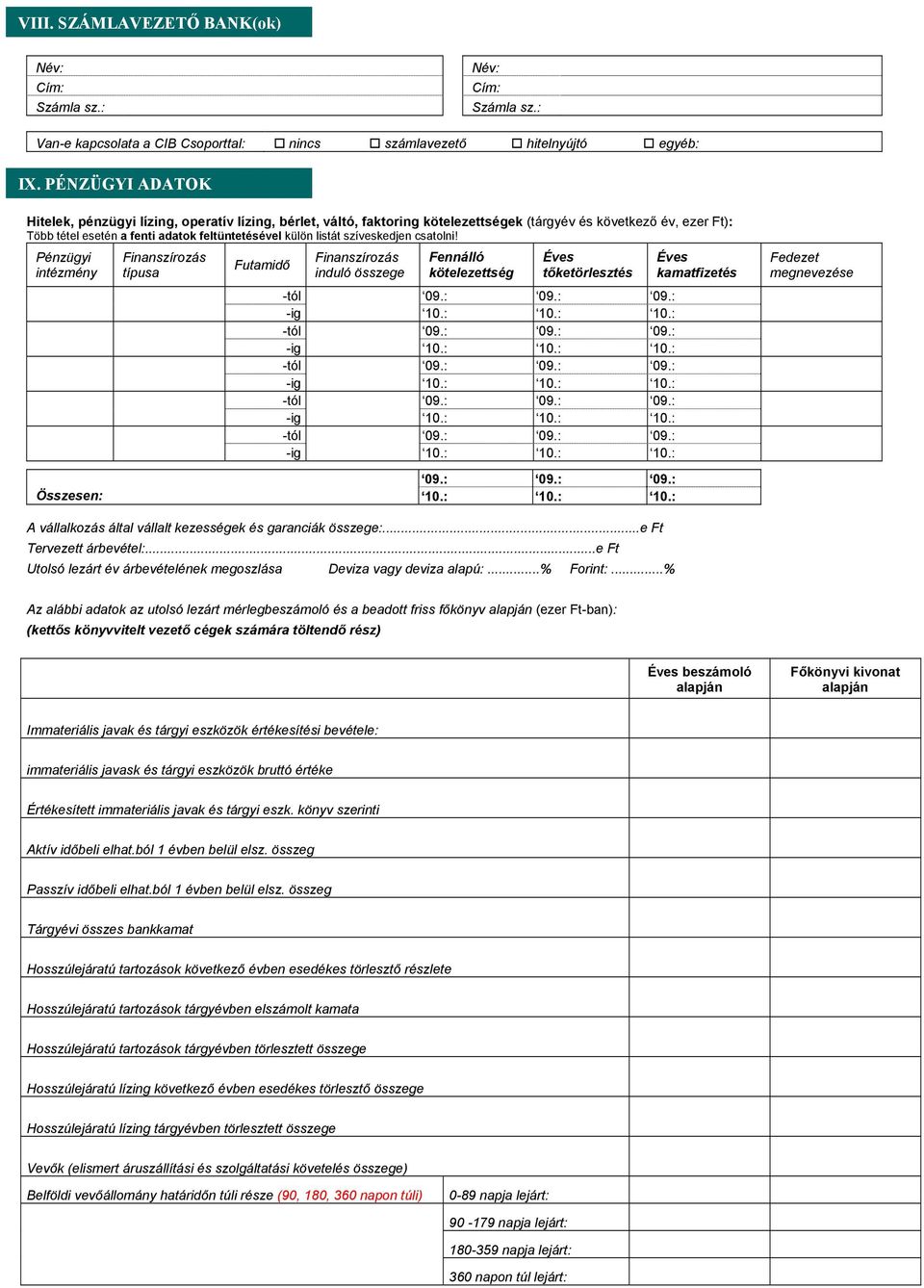 szíveskedjen csatolni! Pénzügyi intézmény Finanszírozás típusa Futamidő Finanszírozás induló összege Fennálló kötelezettség Éves tőketörlesztés Éves kamatfizetés Fedezet megnevezése 09.: 09.