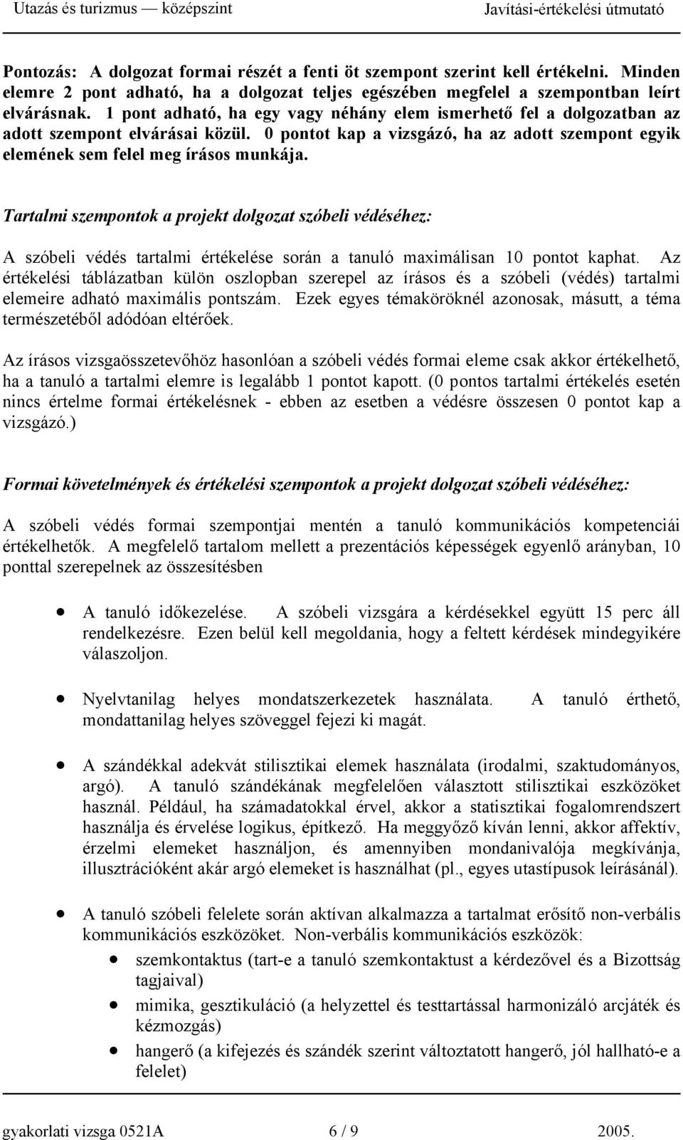 Tartalmi szempontok a projekt dolgozat szóbeli védéséhez: A szóbeli védés tartalmi értékelése során a tanuló maximálisan 10 pontot kaphat.