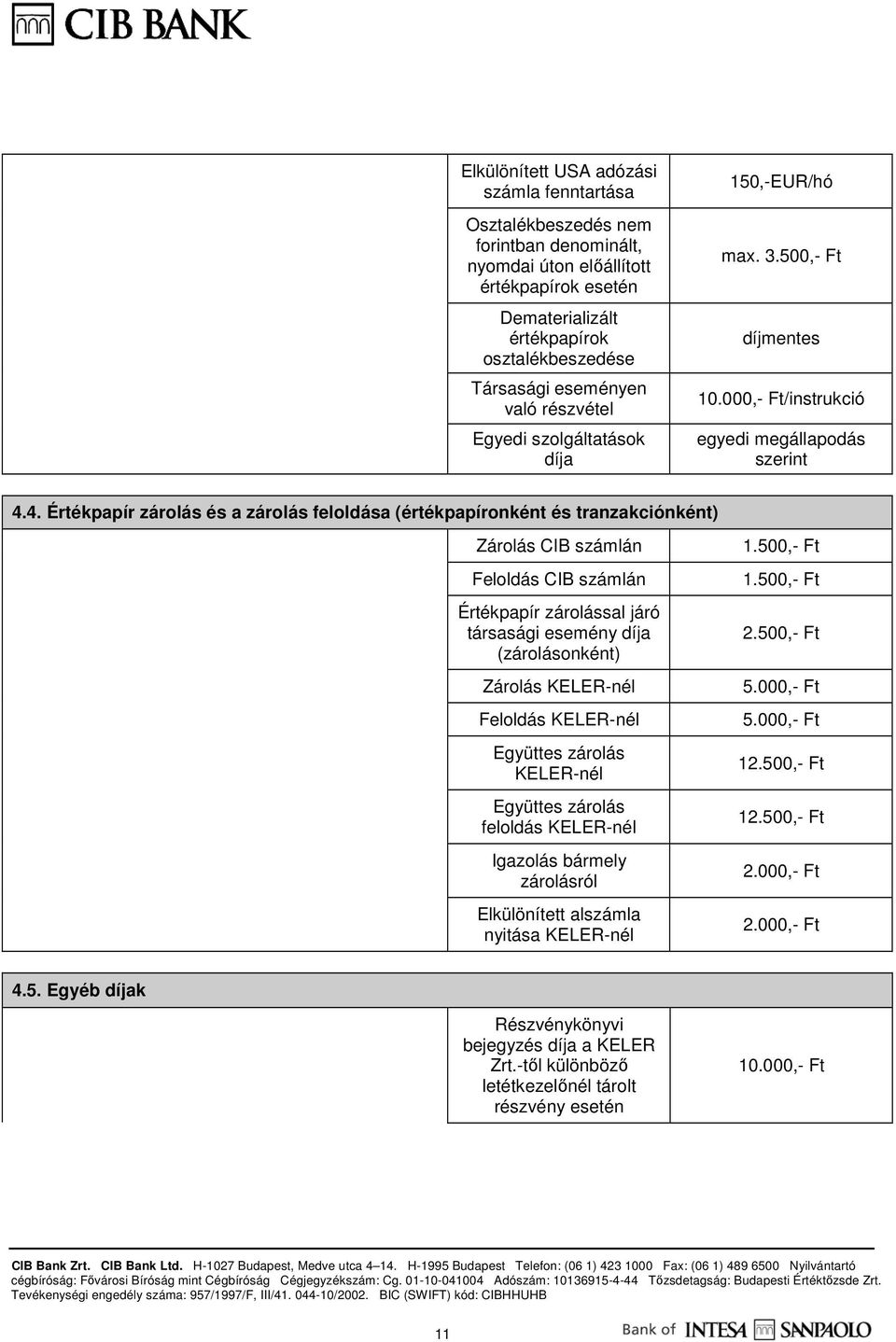 4. Értékpapír zárolás és a zárolás feloldása (értékpapíronként és tranzakciónként) Zárolás CIB számlán Feloldás CIB számlán Értékpapír zárolással járó társasági esemény díja (zárolásonként) Zárolás