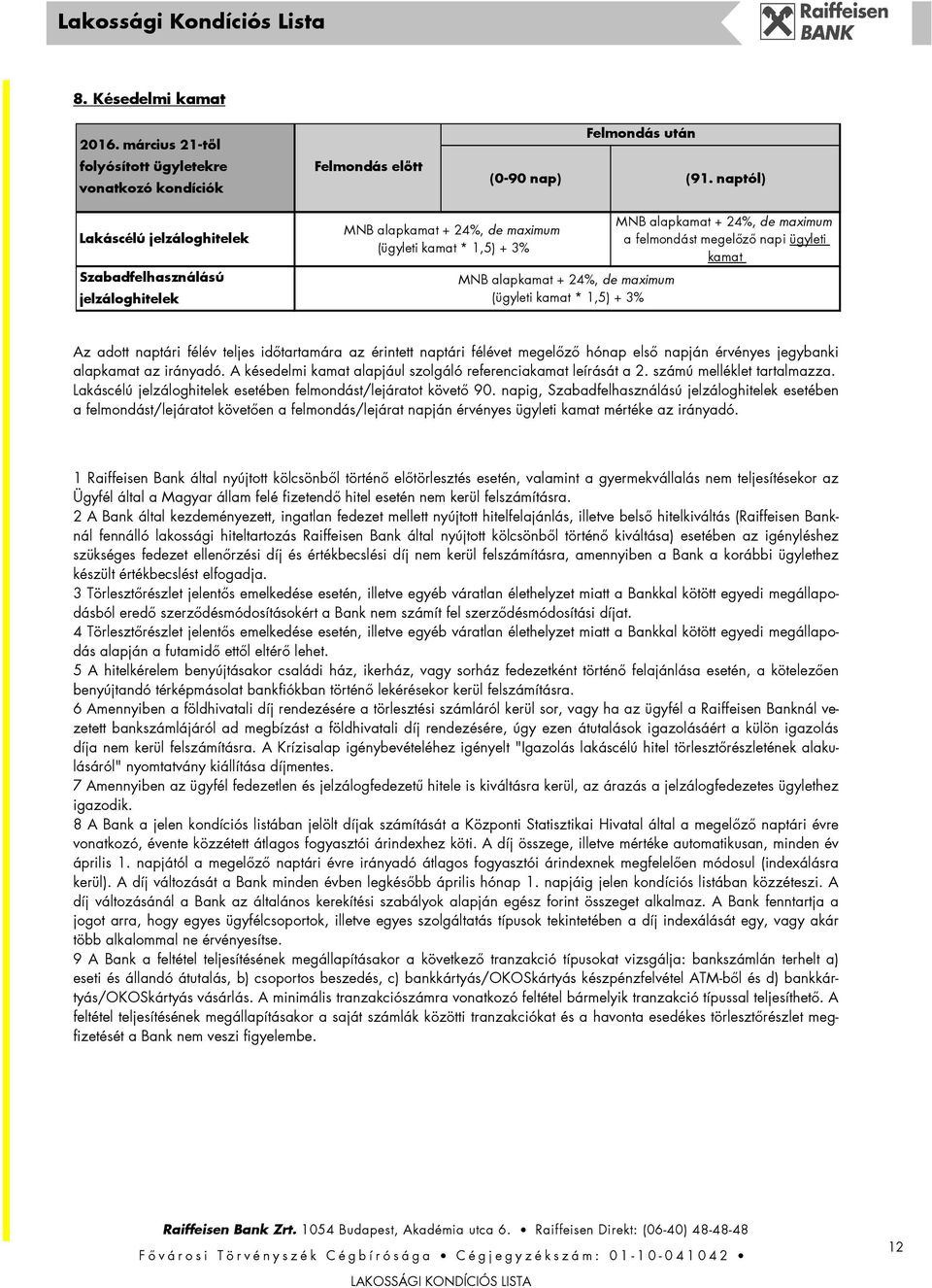 alapkamat + 24%, de maximum a felmondást megelőző napi ügyleti kamat Az adott naptári félév teljes időtartamára az érintett naptári félévet megelőző hónap első napján érvényes jegybanki alapkamat az