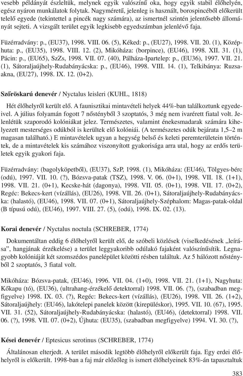 A vizsgált terület egyik legkisebb egyedszámban jelenlévô faja. Füzérradvány: p., (EU37), 1998. VIII. 06. (5), Kéked: p., (EU27), 1998. VII. 20. (1), Középhuta: p., (EU35), 1998. VIII. 12.