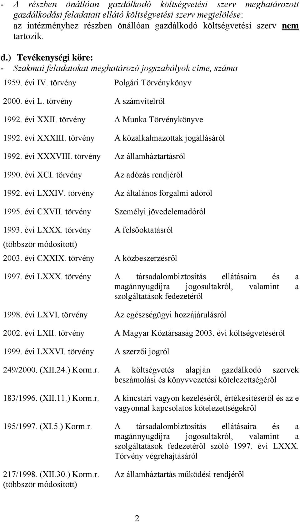 törvény A Munka Törvénykönyve 1992. évi XXXIII. törvény A közalkalmazottak jogállásáról 1992. évi XXXVIII. törvény Az államháztartásról 1990. évi XCI. törvény Az adózás rendjéről 1992. évi LXXIV.