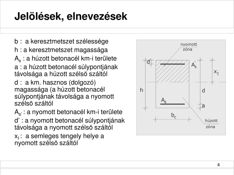 hasznos (dolgozó) magassága (a húzott betonacél súlypontjának távolsága a nyomott szélső száltól A s : a nyomott