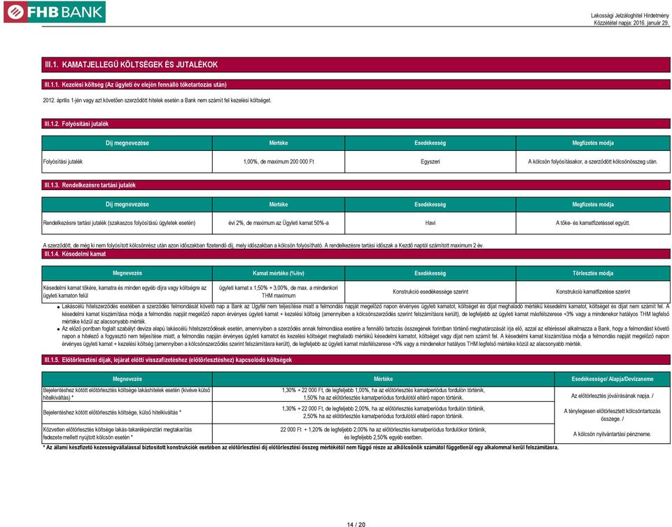 Folyósítási jutalék Díj megnevezése Megfizetés módja Folyósítási jutalék 1,00%, de maximum 200 000 Ft Egyszeri A kölcsön folyósításakor, a szerződött kölcsönösszeg után. III.1.3.