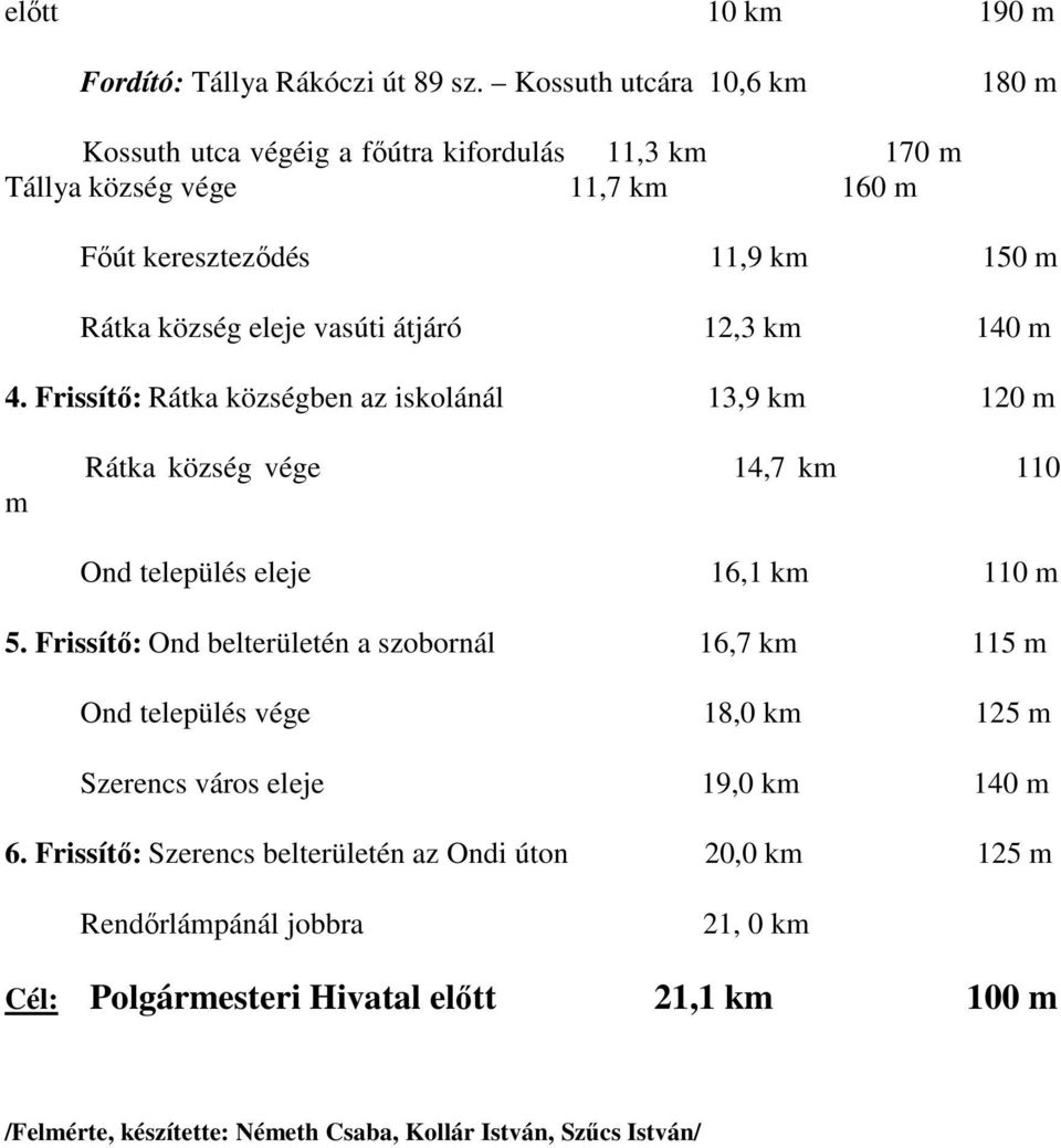 átjáró 12,3 km 140 m 4. Frissítő: Rátka községben az iskolánál 13,9 km 120 m m Rátka község vége 14,7 km 110 Ond település eleje 16,1 km 110 m 5.