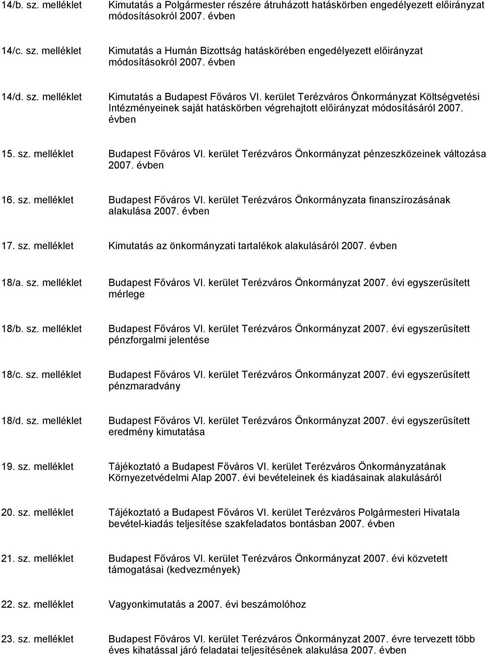 kerület Terézváros Önkormányzat pénzeszközeinek változása 27. évben 16. sz. melléklet Budapest Főváros VI. kerület Terézváros Önkormányzata finanszírozásának alakulása 27. évben 17. sz. melléklet Kimutatás az önkormányzati tartalékok alakulásáról 27.