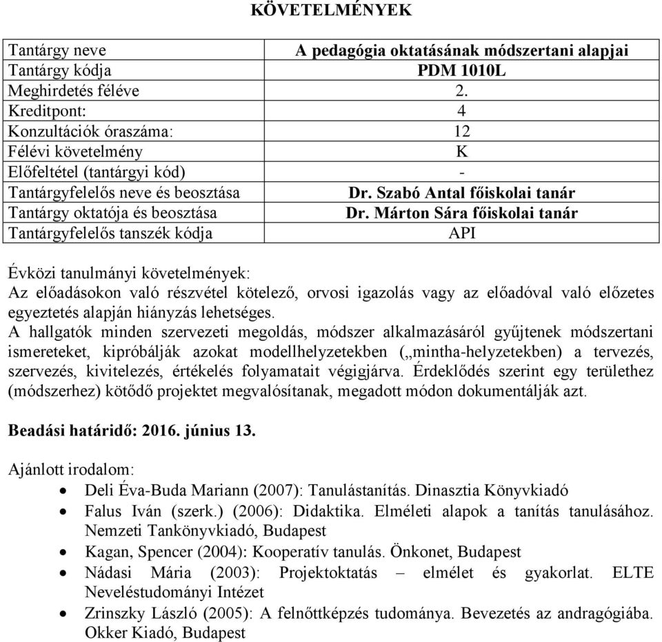 A hallgatók minden szervezeti megoldás, módszer alkalmazásáról gyűjtenek módszertani ismereteket, kipróbálják azokat modellhelyzetekben ( mintha-helyzetekben) a tervezés, szervezés, kivitelezés,