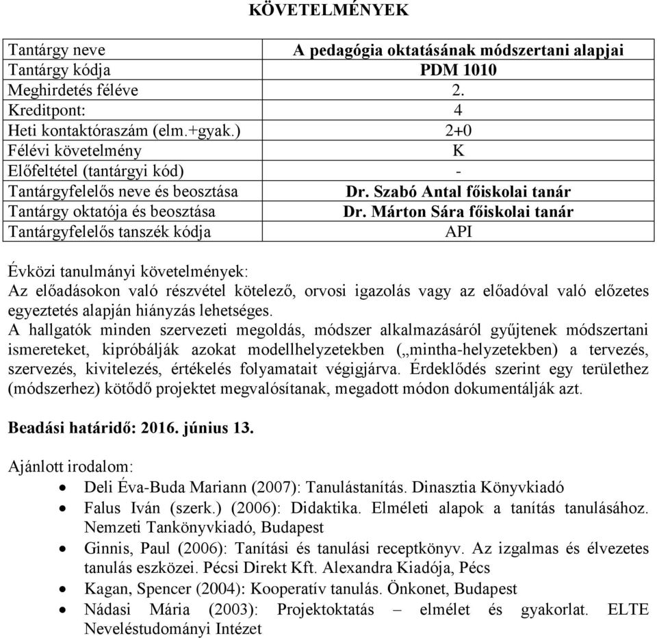 A hallgatók minden szervezeti megoldás, módszer alkalmazásáról gyűjtenek módszertani ismereteket, kipróbálják azokat modellhelyzetekben ( mintha-helyzetekben) a tervezés, szervezés, kivitelezés,