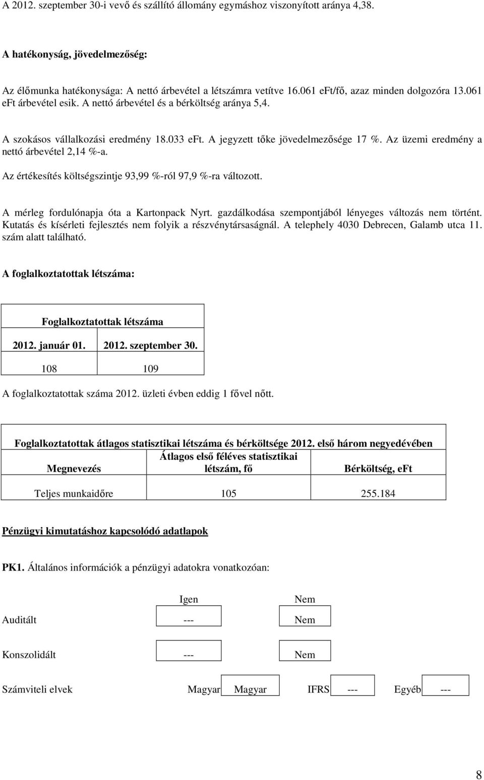 Az üzemi eredmény a nettó árbevétel 2,14 %-a. Az értékesítés költségszintje 93,99 %-ról 97,9 %-ra változott. A mérleg fordulónapja óta a Kartonpack Nyrt.