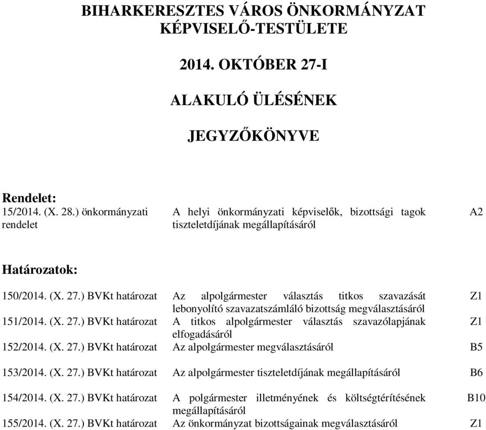 ) BVKt határozat Az alpolgármester választás titkos szavazását Z1 lebonyolító szavazatszámláló bizottság megválasztásáról 151/2014. (X. 27.