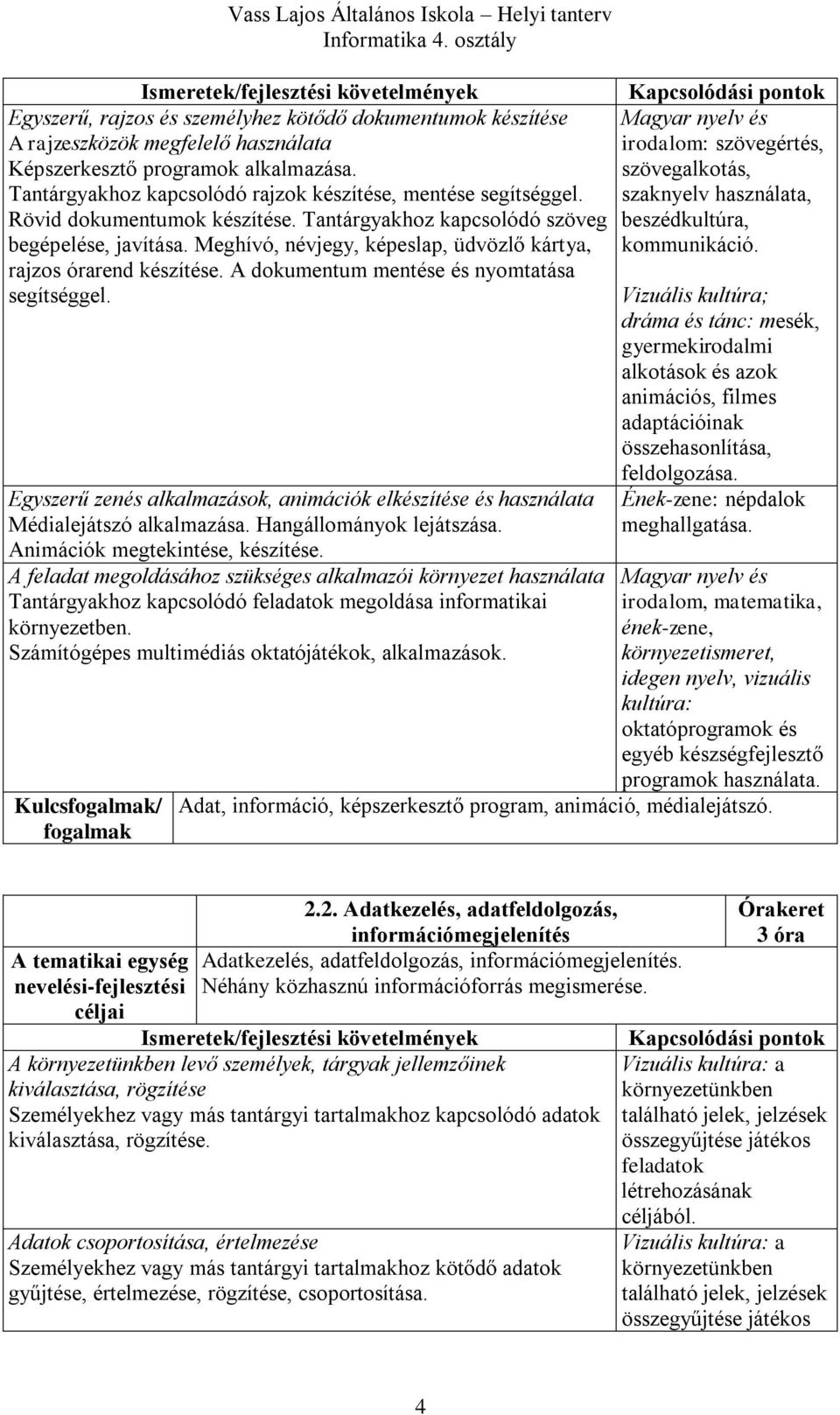 A dokumentum mentése és nyomtatása segítséggel. Egyszerű zenés alkalmazások, animációk elkészítése és használata Médialejátszó alkalmazása. Hangállományok lejátszása.