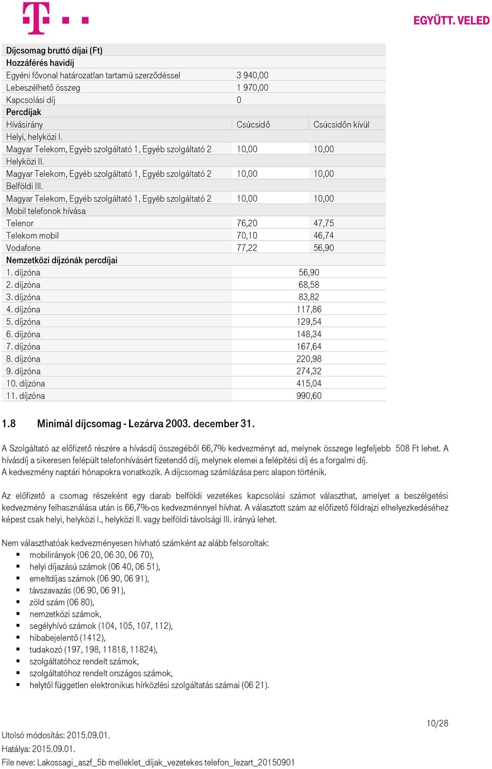 Magyar Telekom, Egyéb szolgáltató 1, Egyéb szolgáltató 2 10,00 10,00 Mobil telefonok hívása Telenor 76,20 47,75 Telekom mobil 70,10 46,74 Vodafone 77,22 56,90 Nemzetközi díjzónák percdíjai 1.