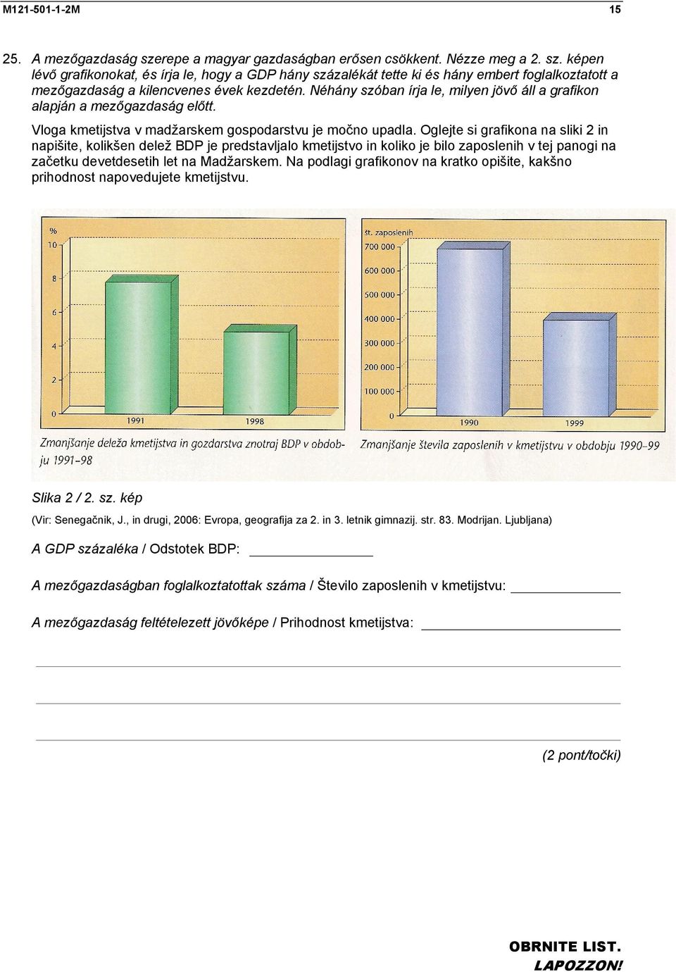 Oglejte si grafikona na sliki 2 in napišite, kolikšen delež BDP je predstavljalo kmetijstvo in koliko je bilo zaposlenih v tej panogi na začetku devetdesetih let na Madžarskem.