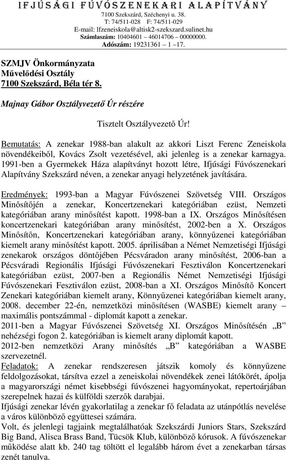 1991-ben a Gyermekek Háza alapítványt hozott létre, Ifjúsági Fúvószenekari Alapítvány Szekszárd néven, a zenekar anyagi helyzetének javítására. Eredmények: 1993-ban a Magyar Fúvószenei Szövetség VIII.