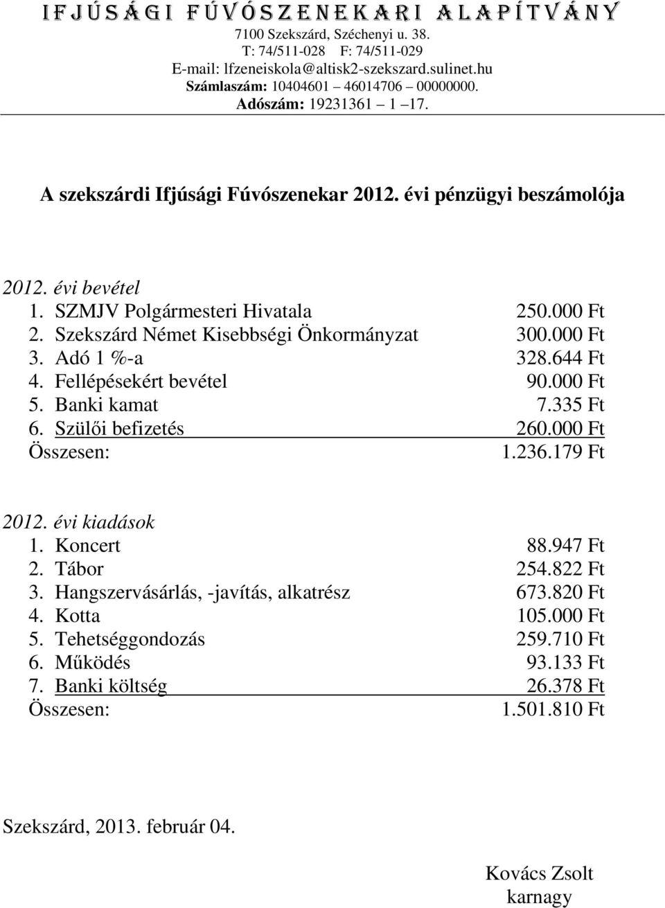 Szülıi befizetés 260.000 Ft Összesen: 1.236.179 Ft 2012. évi kiadások 1. Koncert 88.947 Ft 2. Tábor 254.822 Ft 3.