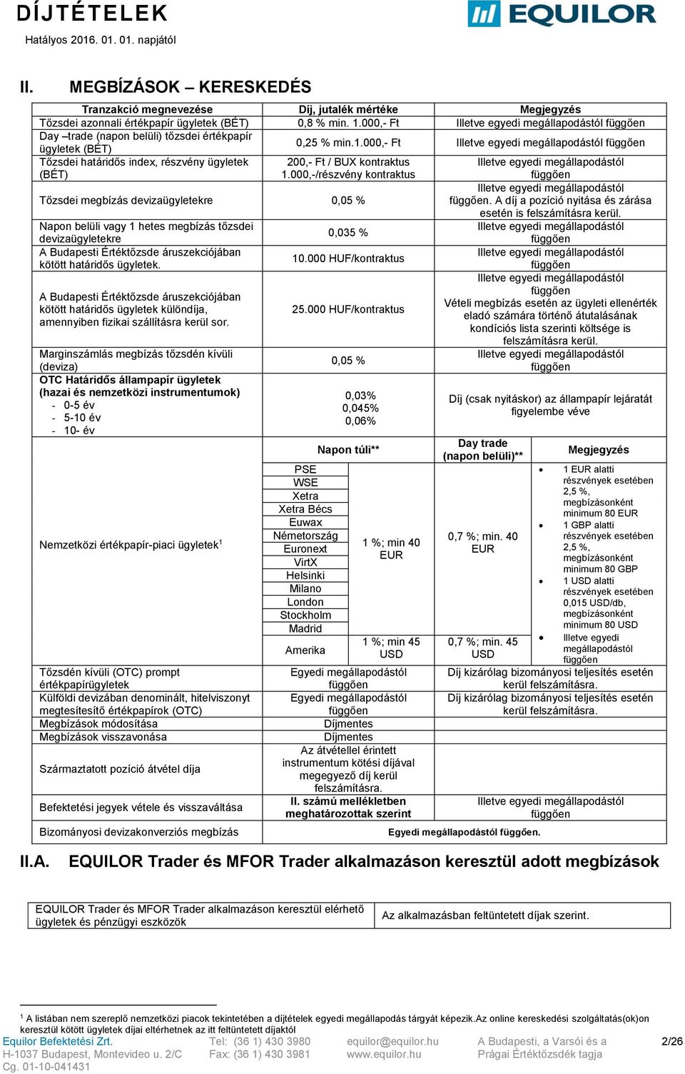 000,- Ft Illetve egyedi megállapodástól függően ügyletek (BÉT) Tőzsdei határidős index, részvény ügyletek (BÉT) 200,- Ft / BUX kontraktus 1.