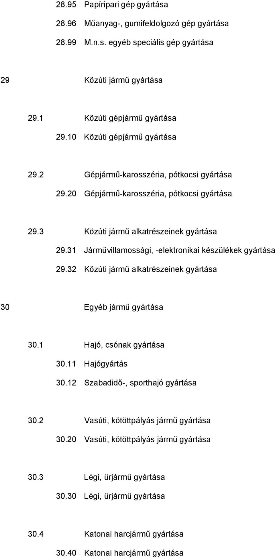 31 Járművillamossági, -elektronikai készülékek gyártása 29.32 Közúti jármű alkatrészeinek gyártása 30 Egyéb jármű gyártása 30.1 Hajó, csónak gyártása 30.11 Hajógyártás 30.