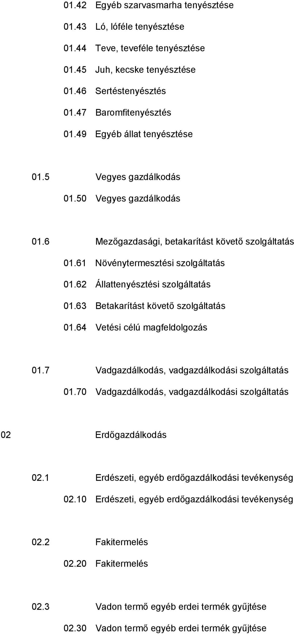 62 Állattenyésztési szolgáltatás 01.63 Betakarítást követő szolgáltatás 01.64 Vetési célú magfeldolgozás 01.7 Vadgazdálkodás, vadgazdálkodási szolgáltatás 01.