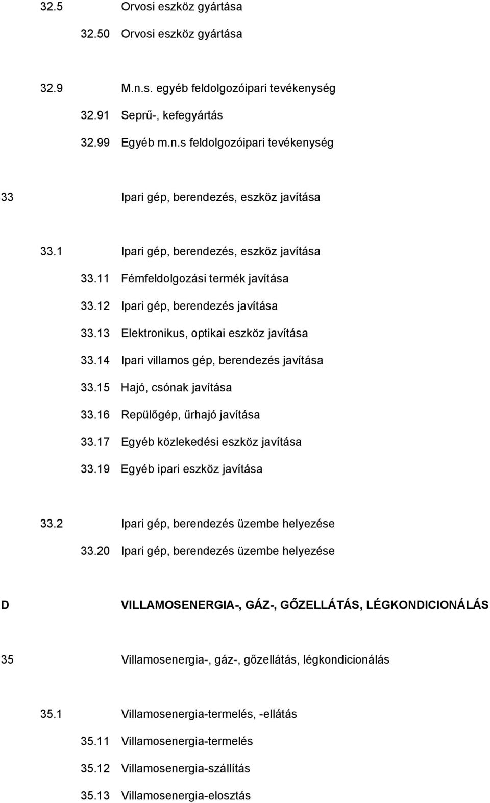 14 Ipari villamos gép, berendezés javítása 33.15 Hajó, csónak javítása 33.16 Repülőgép, űrhajó javítása 33.17 Egyéb közlekedési eszköz javítása 33.19 Egyéb ipari eszköz javítása 33.