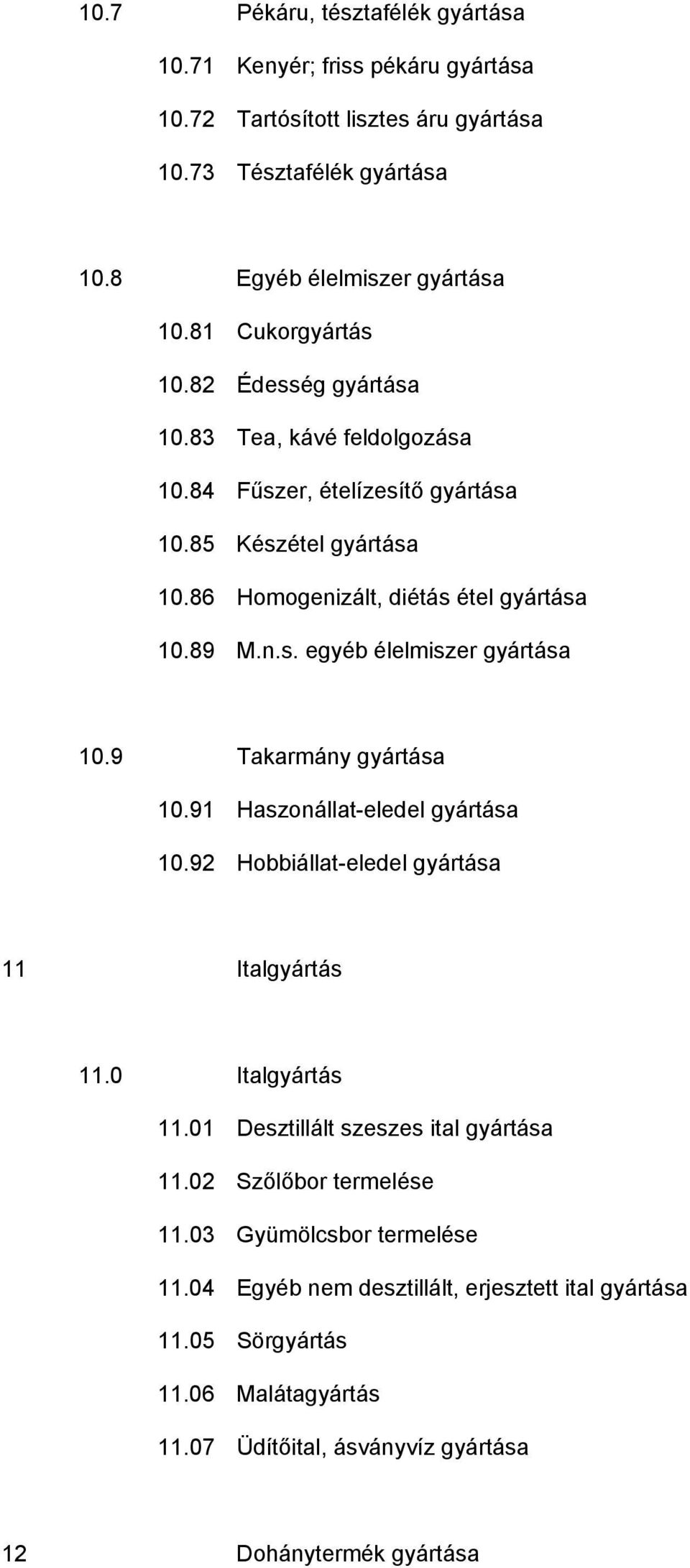 9 Takarmány gyártása 10.91 Haszonállat-eledel gyártása 10.92 Hobbiállat-eledel gyártása 11 Italgyártás 11.0 Italgyártás 11.01 Desztillált szeszes ital gyártása 11.