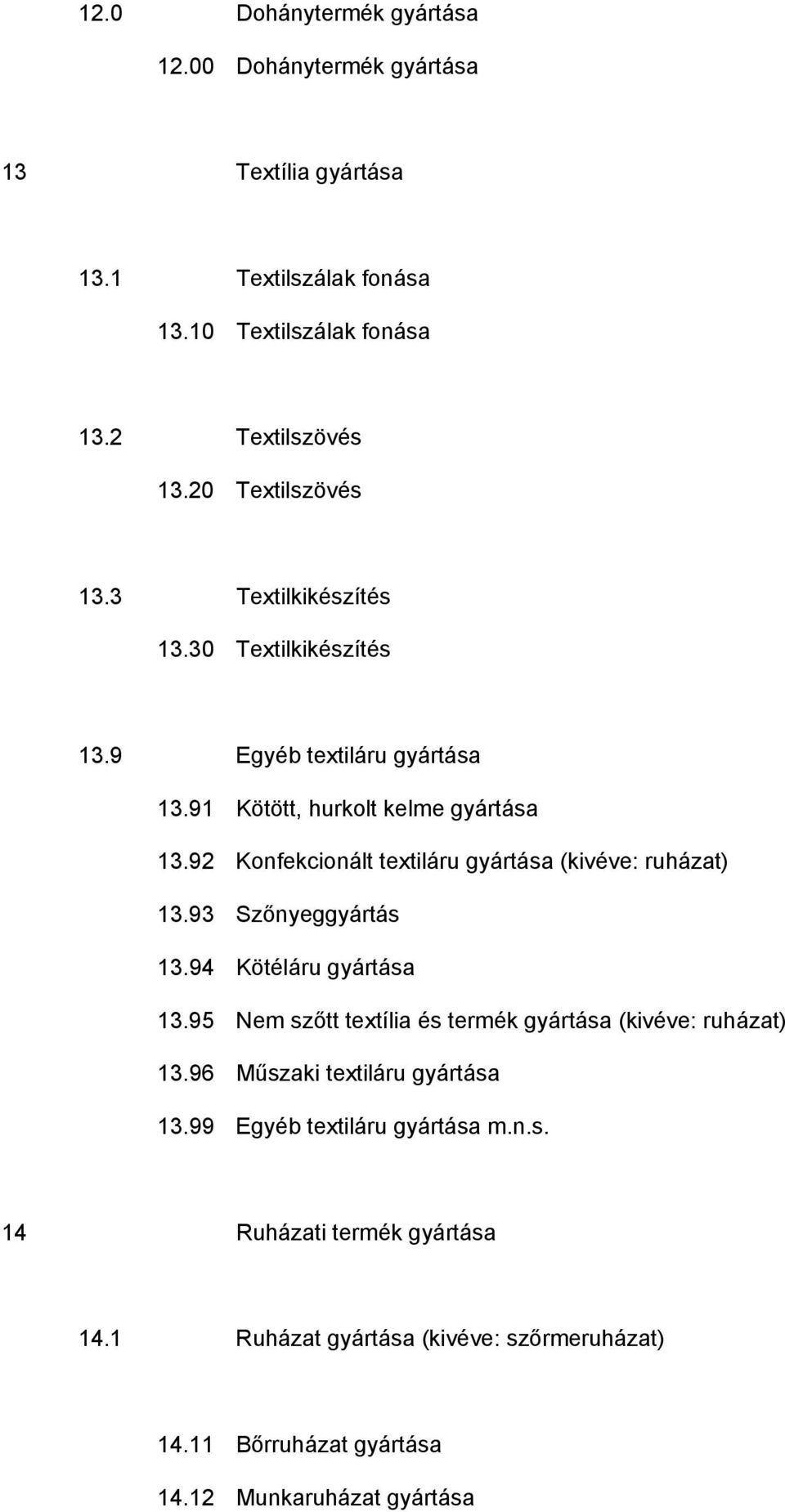 92 Konfekcionált textiláru gyártása (kivéve: ruházat) 13.93 Szőnyeggyártás 13.94 Kötéláru gyártása 13.