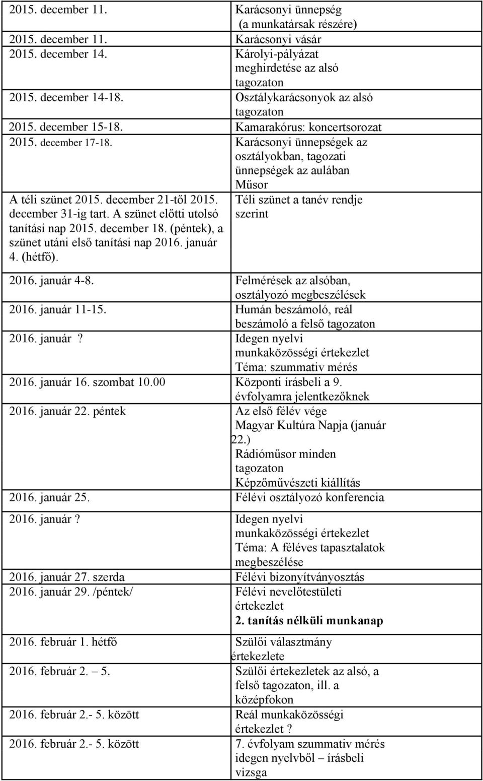 december 21-től 2015. Téli szünet a tanév rendje december 31-ig tart. A szünet előtti utolsó szerint tanítási nap 2015. december 18. (péntek), a szünet utáni első tanítási nap 2016. január 4. (hétfő).