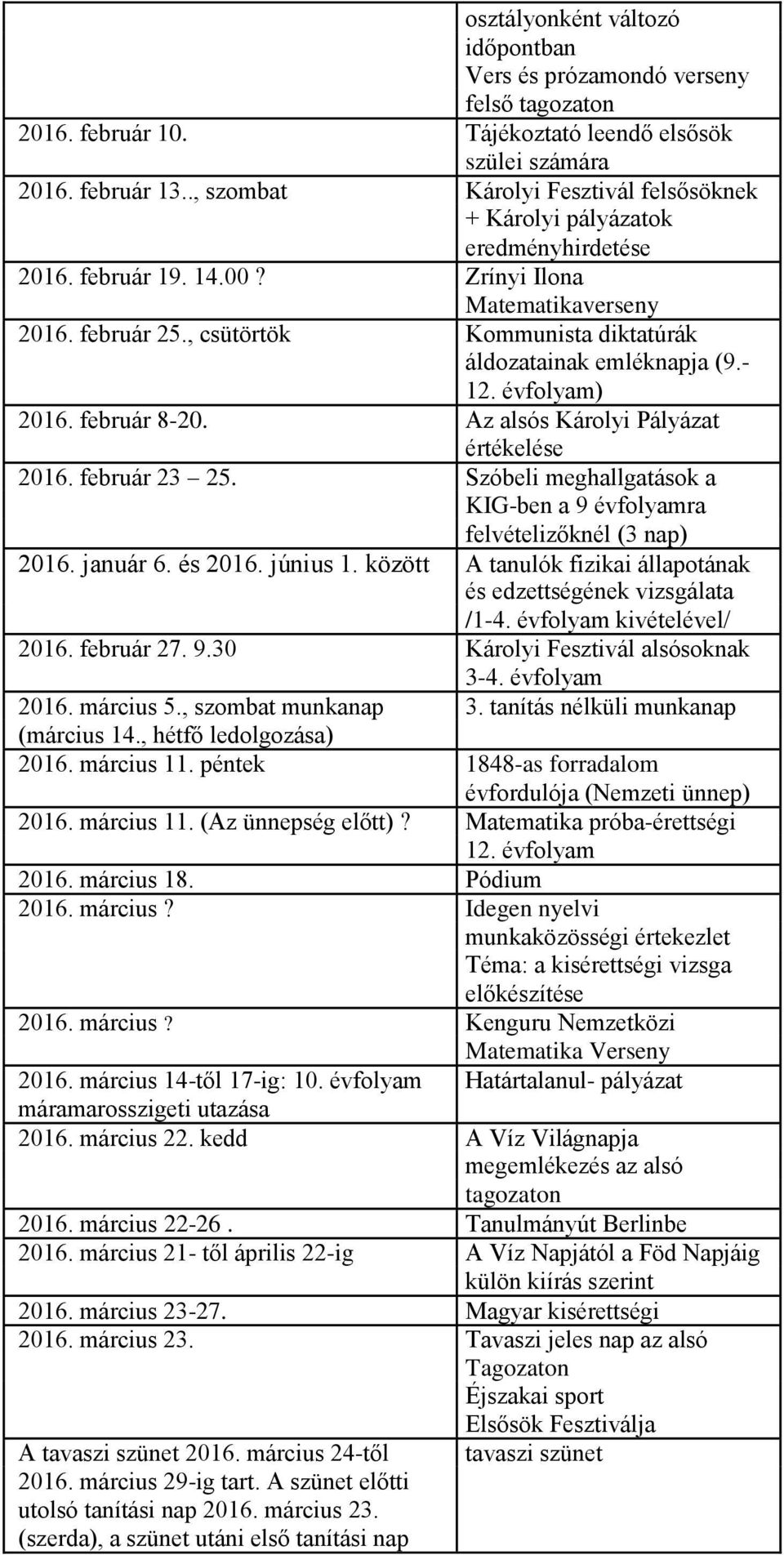 , csütörtök Kommunista diktatúrák áldozatainak emléknapja (9.- 12. évfolyam) 2016. február 8-20. Az alsós Károlyi Pályázat értékelése 2016. február 23 25.