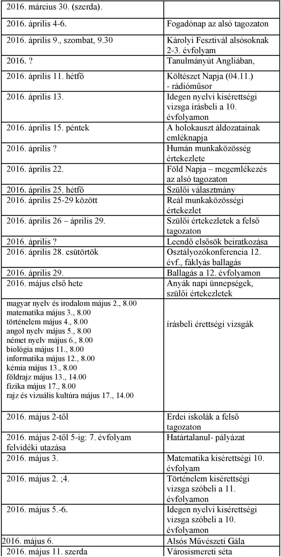 április 22. Föld Napja megemlékezés az alsó 2016. április 25. hétfő Szülői választmány 2016. április 25-29 között Reál munkaközösségi értekezlet 2016. április 26 április 29.