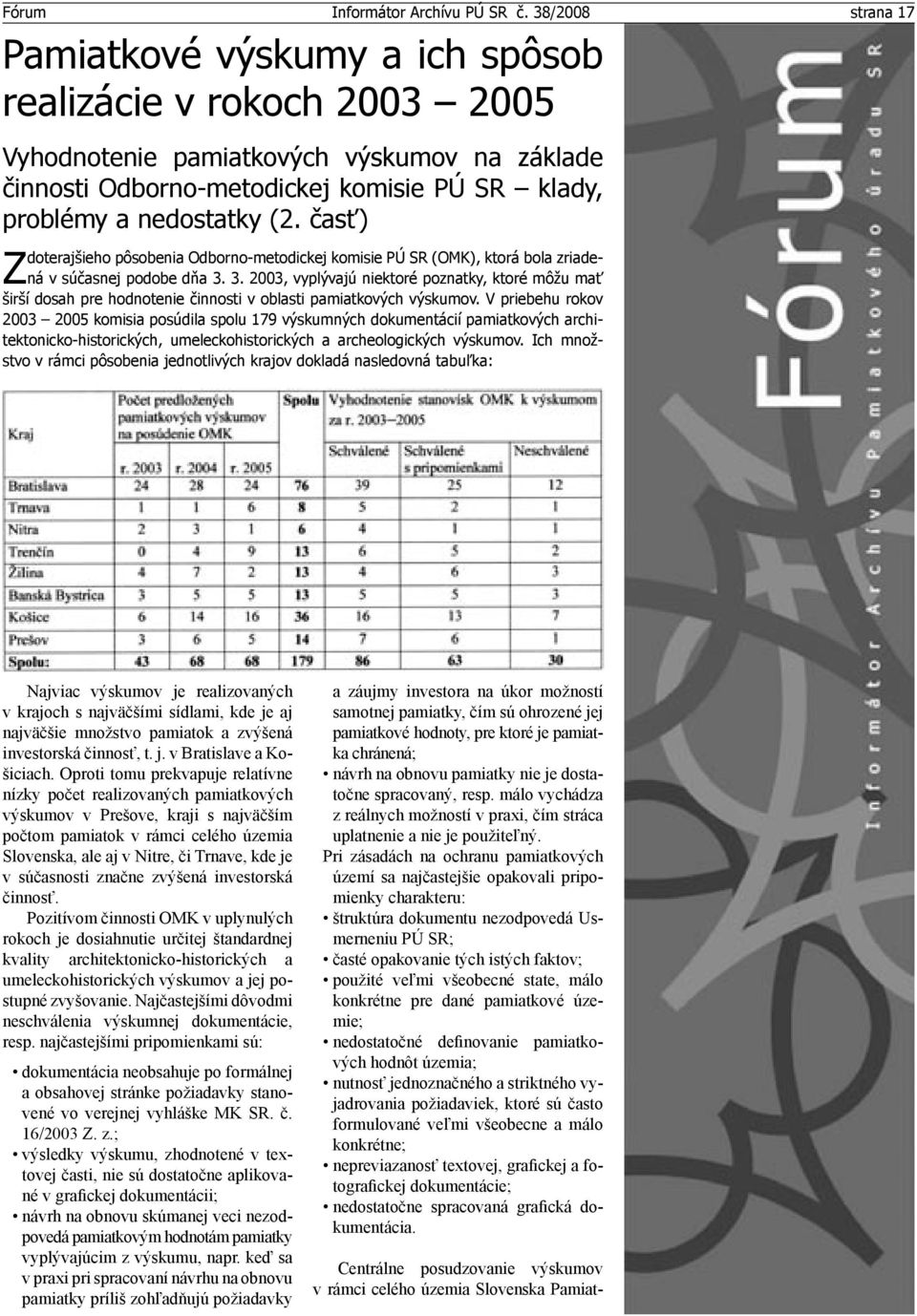 3. 2003, vyplývajú niektoré poznatky, ktoré môžu mať Z širší dosah pre hodnotenie činnosti v oblasti pamiatkových výskumov.