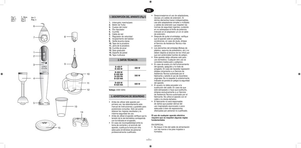 Tapa multiusos B-450 P B-455 M B-500 M B-505 MA B-50 PA B-55 MA B-60 M B-65 MA Voltaje: 30V 50Hz. DATOS TÉCNICOS 400 W 500 W 600 W 3.